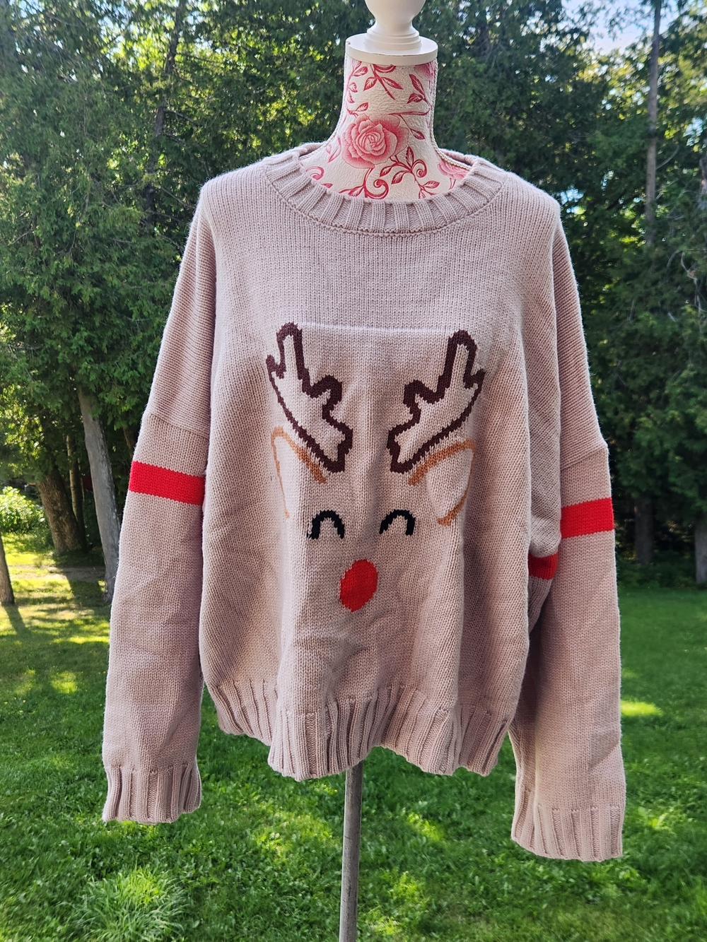 Beige Reindeer Crewneck Sweater with Red Accents